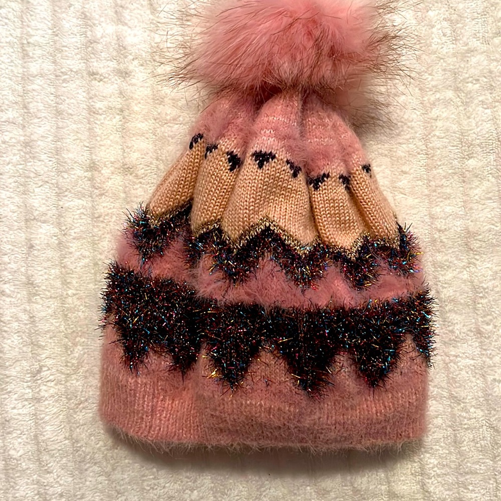 winter beanie hat pink and glittery Sz med 5/7